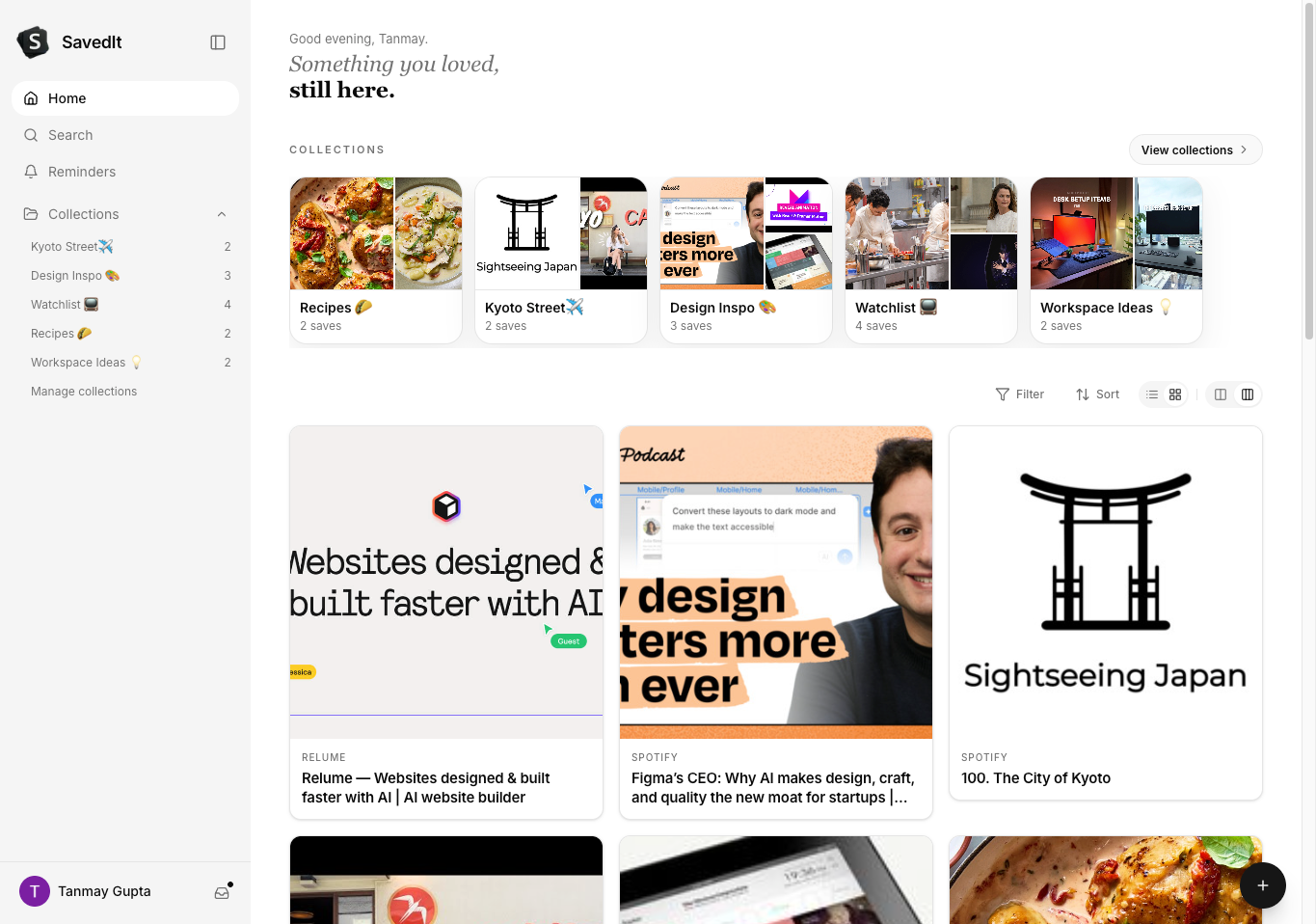 SavedIt web app showing the same library on desktop